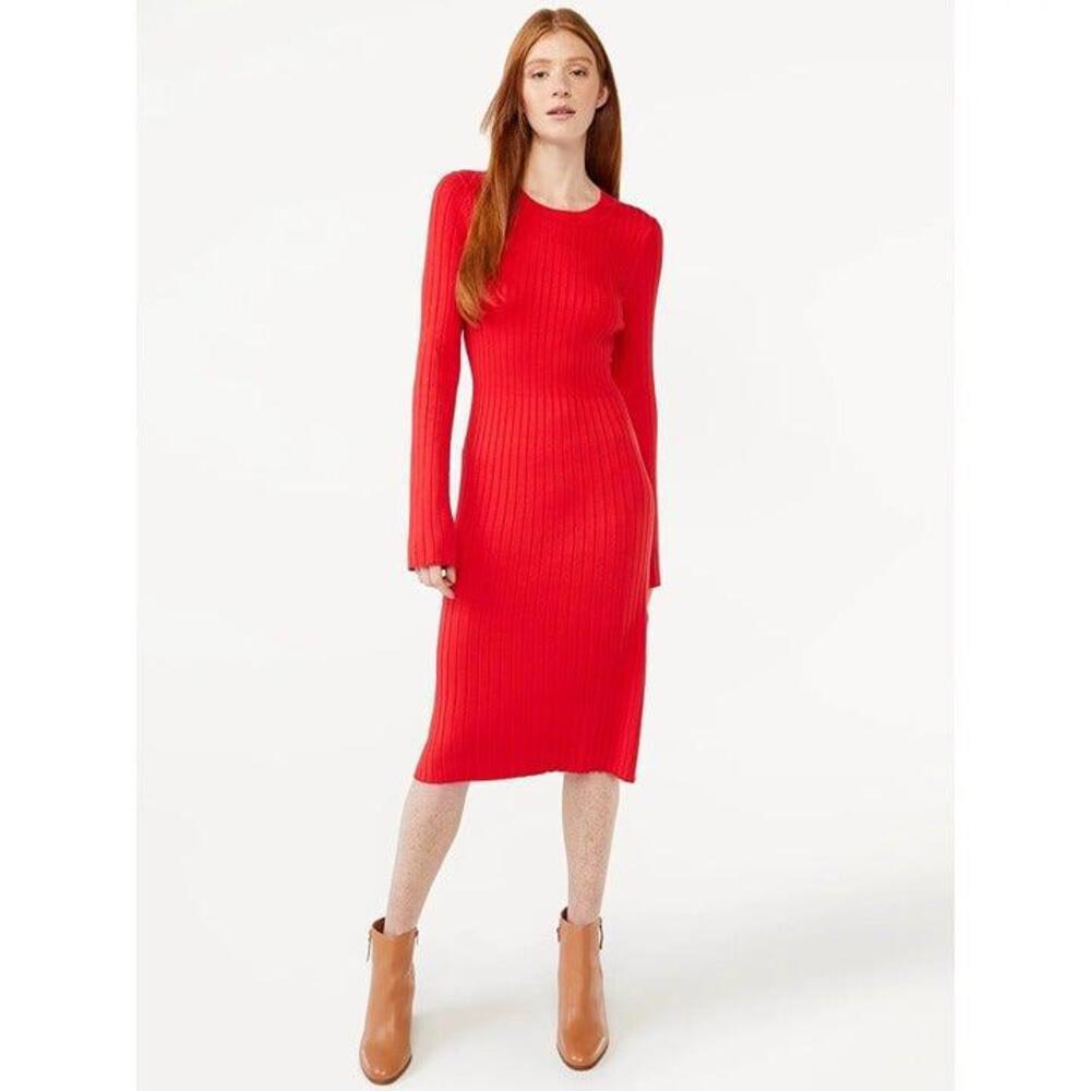 Long Sleeve Midi Sweater Dress Red Size Small